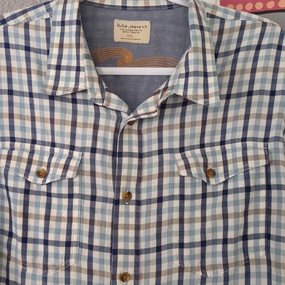 NUDIE JEANS CO. Organic Cotton Check Plaid Button Up Shirt Shirt XXL 2XL